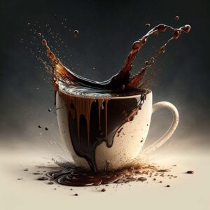 Tazza di caffè amaro su un tavolo, con avvertenze sulle conseguenze del consumo quotidiano.
